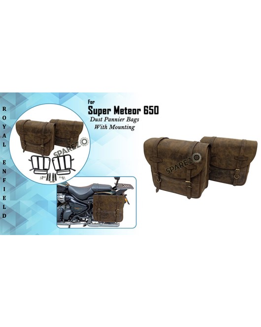 Royal Enfield Super Meteor 650 Dust Color Leather Pannier Bags and Mounting Pair