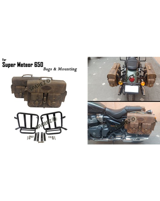 For Royal Enfield Super Meteor 650 Rusty Brown Pannier Bags Pair With Mountings
