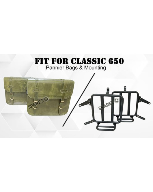 For Royal Enfield Classic 650 Genuine Leather Pannier Bags Green Color With Mounting
