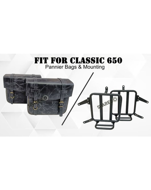 For Royal Enfield Classic 650 Genuine Leather Pannier Bags Black Grey With Mounting