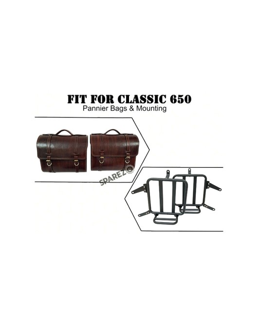 For Royal Enfield Classic 650 Genuine Leather Pannier Saddle Bags Antique Brown and Mounting