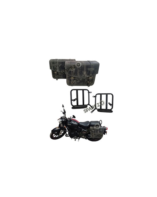 Royal Enfield Classic Reborn 350 Grey Black Leather Bags with Mounting Pair