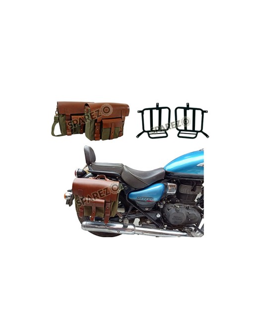 Royal Enfield Meteor 350cc Leather Canvas Bag Olive Color and Mounting Fitting