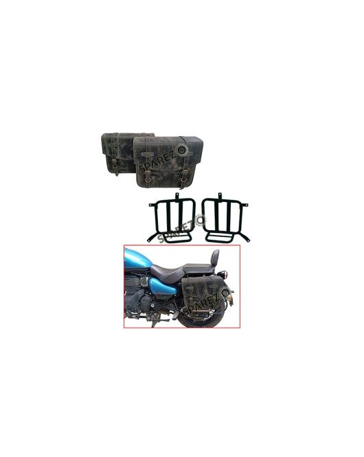 Royal Enfield Meteor 350 Grey Black Leather Bags with Mounting Pair