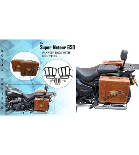 Royal Enfield Super Meteor 650 Tan Brown Leather Pannier Bags With Mounting Pair