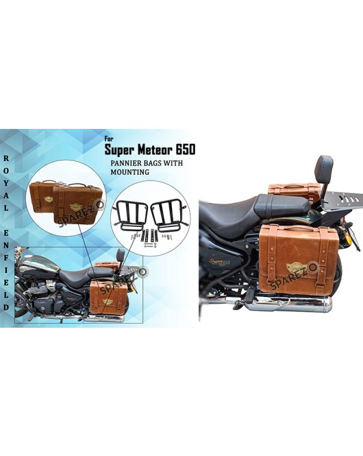 Royal Enfield Super Meteor 650 Tan Brown Leather Pannier Bags With Mounting Pair