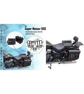 Royal Enfield Super Meteor 650 Glossy Black Leather Pannier Bag and Mounting LH RH