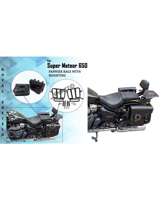 Royal Enfield Super Meteor 650 Glossy Black Leather Pannier Bag and Mounting LH RH