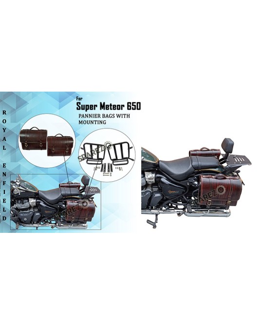 Royal Enfield Super Meteor 650 Antique Brown Leather Pannier Bags and Mounting