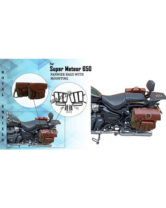 Royal Enfield Super Meteor 650 Olive Canvas Leather Pannier Bags and Mounting