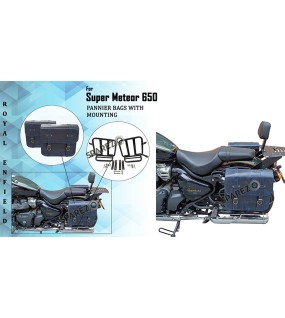Royal Enfield Super Meteor 650 Navy Blue Leather Pannier Bags and Mounting LH RH