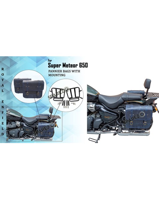 Royal Enfield Super Meteor 650 Navy Blue Leather Pannier Bags and Mounting LH RH