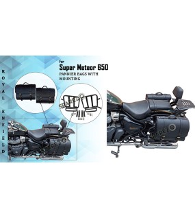 Royal Enfield Super Meteor 650 LH RH Black Leather Pannier Bags Pair and Mounting