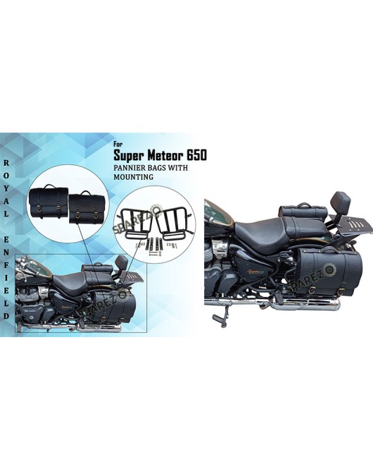 Royal Enfield Super Meteor 650 LH RH Black Leather Pannier Bags Pair and Mounting