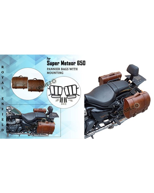 Royal Enfield Super Meteor 650 Brown Leather Bags With Pannier Mounting Pair