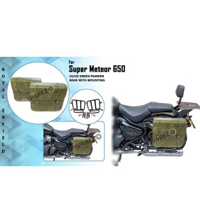 Royal Enfield Super Meteor 650 Olive Green Leather Pannier Bag and Mounting LH RH