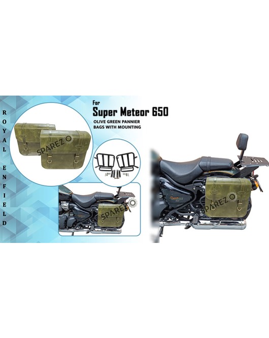 Royal Enfield Super Meteor 650 Olive Green Leather Pannier Bag and Mounting LH RH